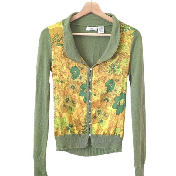 Barneys New York Cashmere Silk Cardigan XS Button-up Collard Sweater Floral - Picture 1 of 7